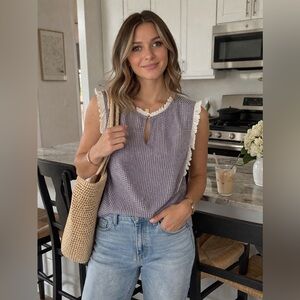 Sleeveless Blue Check Ruffle-Trim Top